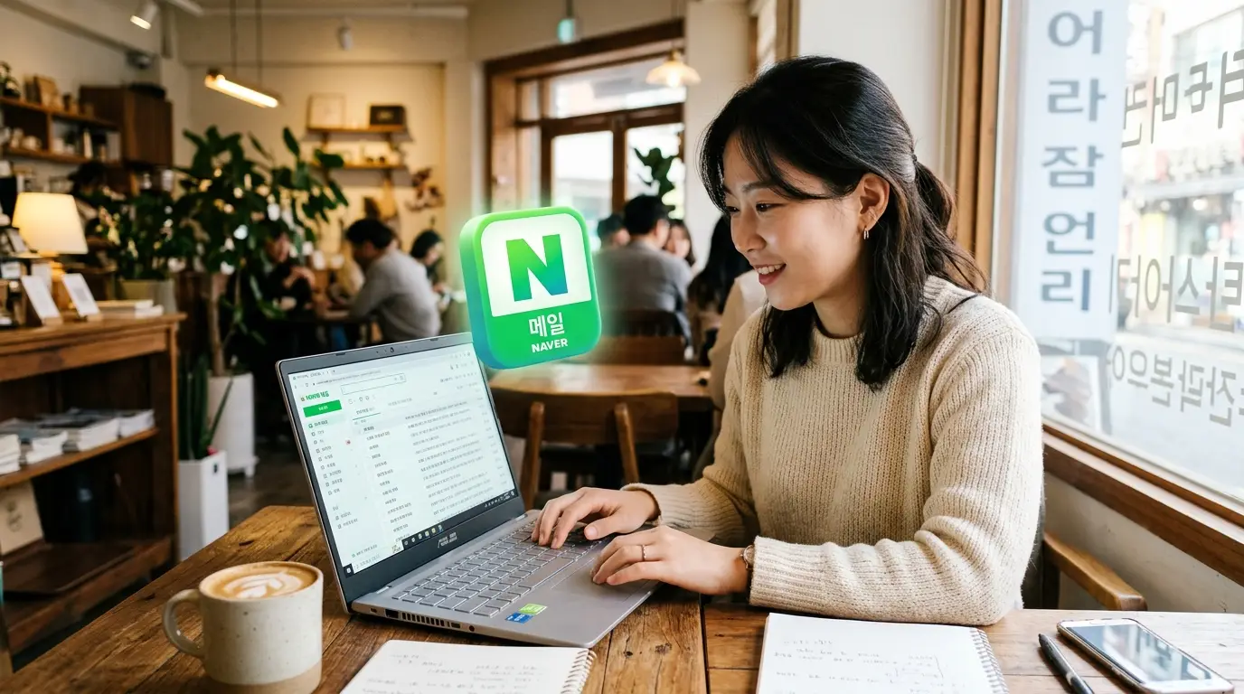 카페에서 노트북으로 네이버 메일을 확인하는 여성, 따뜻한 분위기와 커피, 창가 자리에서 온라인 업무 하는 모습