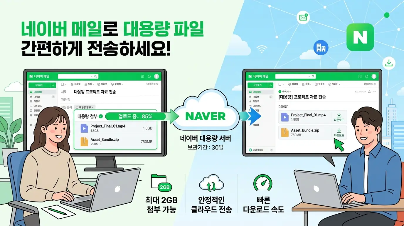 네이버 메일에서 최대 2GB 대용량 파일을 클라우드로 안전하게 전송하고, 빠른 다운로드로 손쉽게 자료를 주고받는 장면을 보여줌.