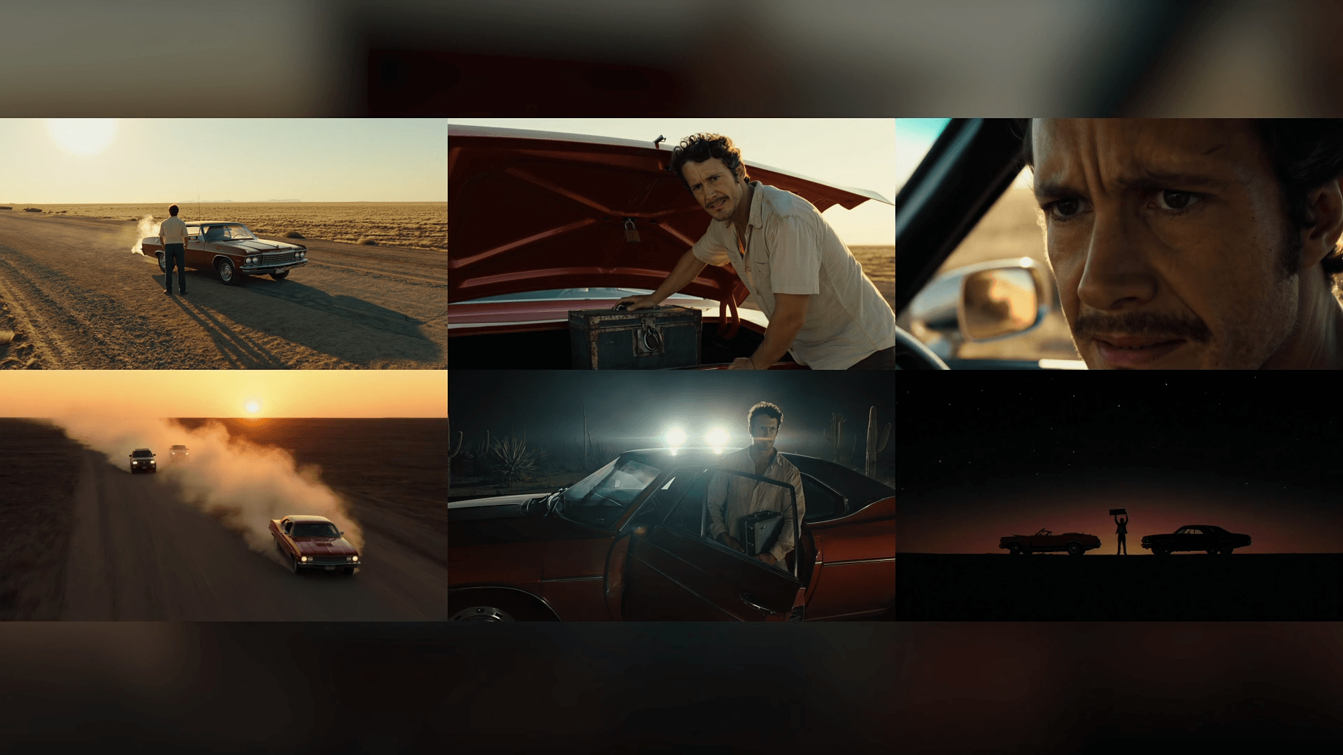 사막에서 자동차를 수리하는 남성과 차량의 다양한 각도가 담긴 이미지. 고속도로에서 차량이 달리는 모습과 긴장감 있는 표정의 주인공이 포함되어 있으며, 일몰 배경의 드라마틱한 장면이 특징이다.