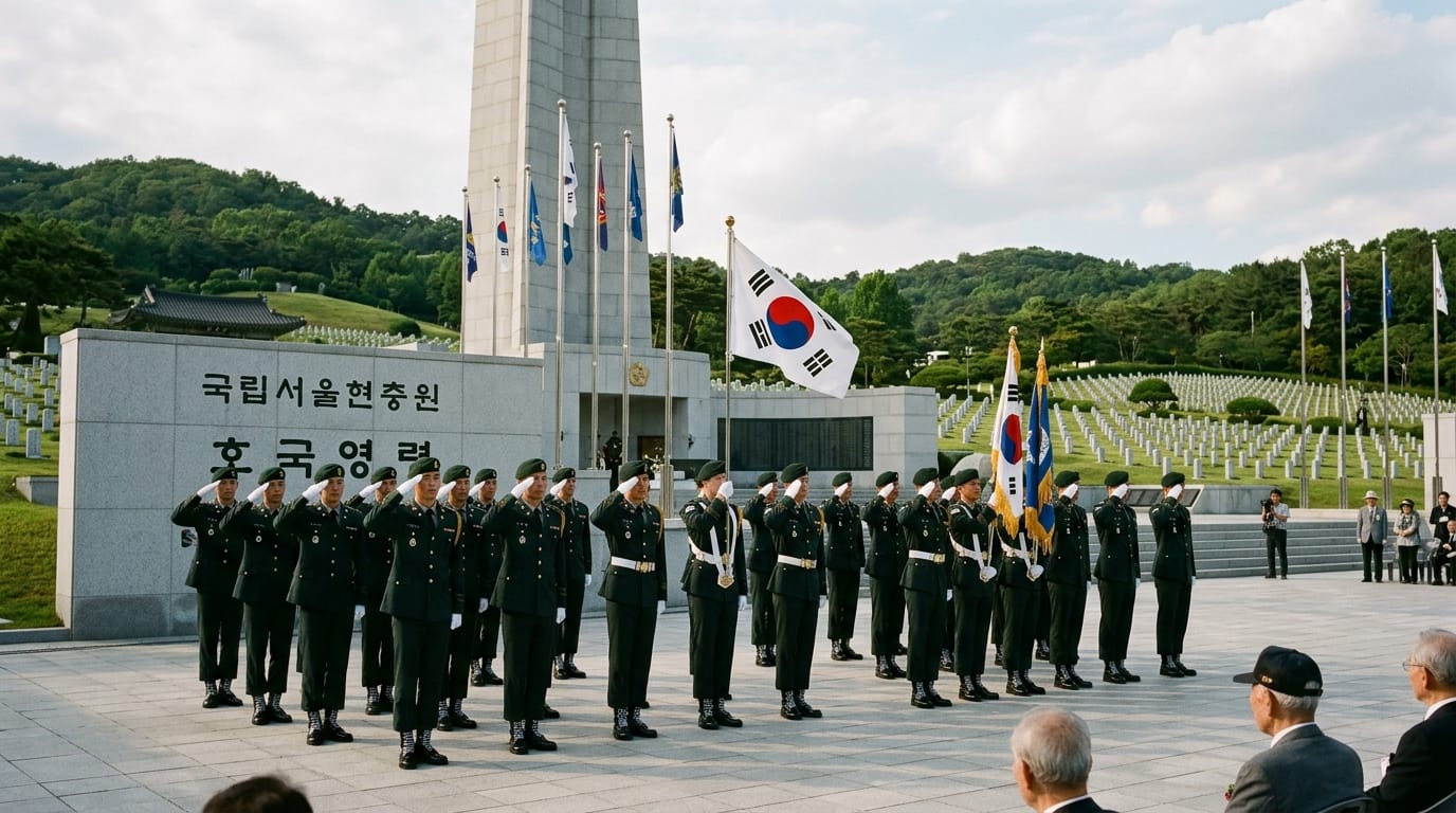 국립서울현충원에서 군인들이 대한민국 국기를 게양하며 경례하는 모습, 배경에는 묘지가 보임.
