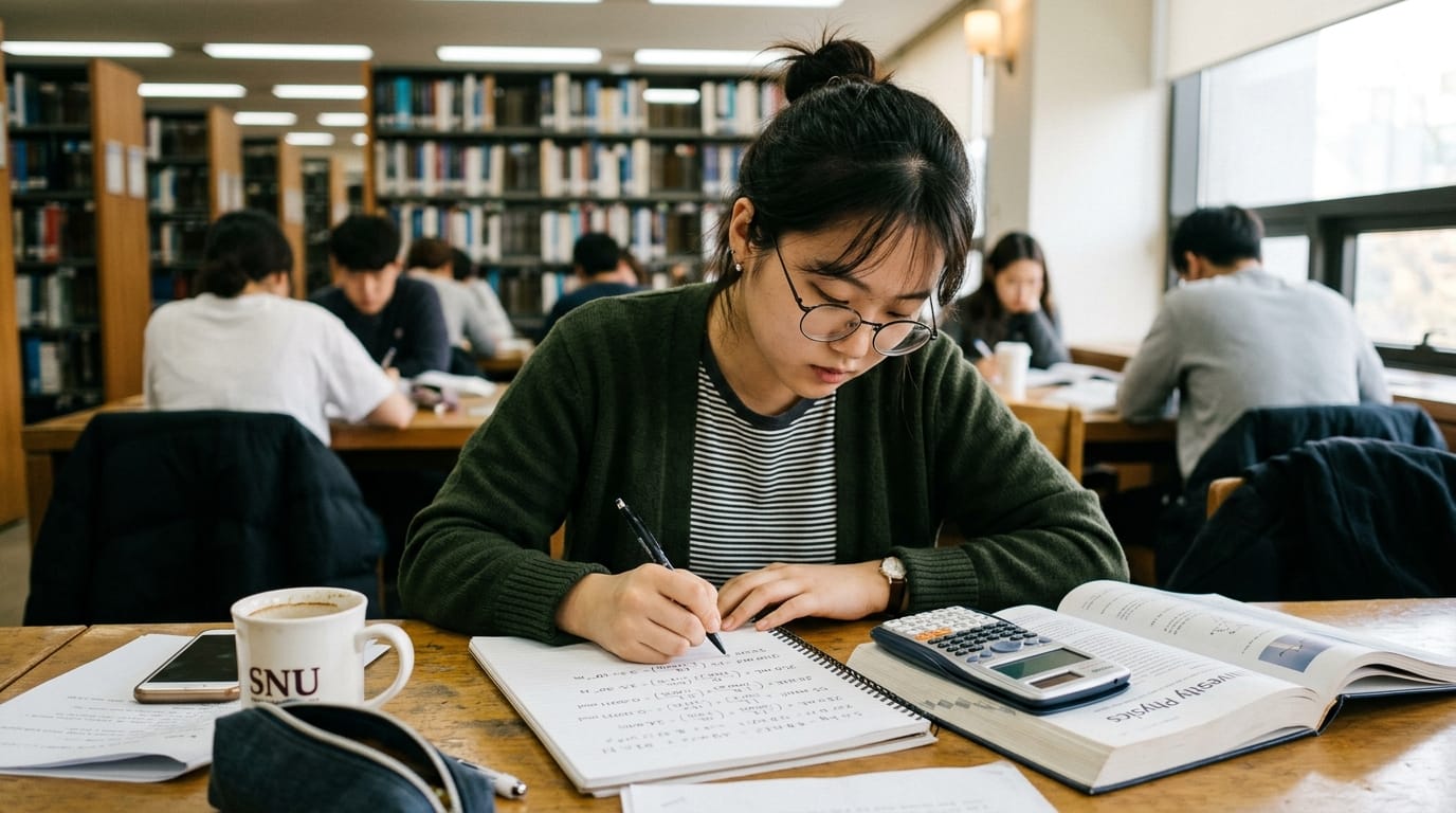 도서관에서 공부하는 학생, 노트에 필기하며 계산기를 옆에 두고 있는 모습. 학생은 스트라이프 티셔츠와 카디건을 입고 있으며, 주변에는 다른 학생들이 책을 읽고 있다. 커피 컵과 스마트폰이 테이블 위에 놓여 있다.