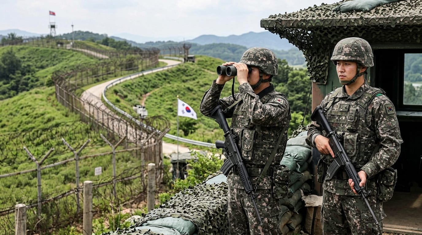 남북한 경계선에서 감시 임무를 수행하는 한국 군인들. 한 병사가 쌍안경으로 주변을 살피고 있으며, 다른 병사는 경계 태세를 유지하고 있다. 배경에는 한반도의 자연 경관과 한국 국기가 보인다.