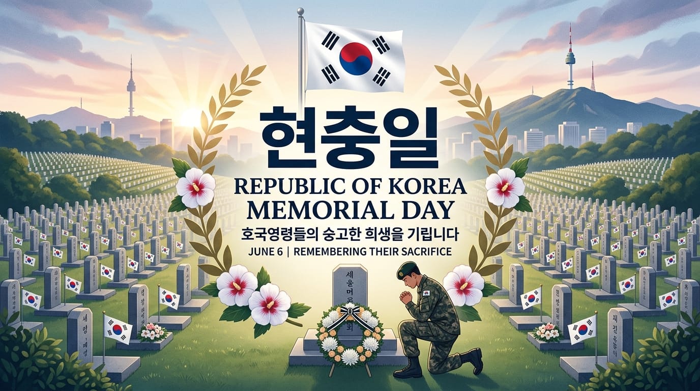 한국 전몰장병 기념일을 기념하는 이미지로, 한 군인이 묘비 앞에서 경의를 표하고 있으며, 배경에는 국기와 꽃이 있는 묘지가 펼쳐져 있습니다. 서울타워와 산이 보이는 풍경이 함께 그려져 있습니다.