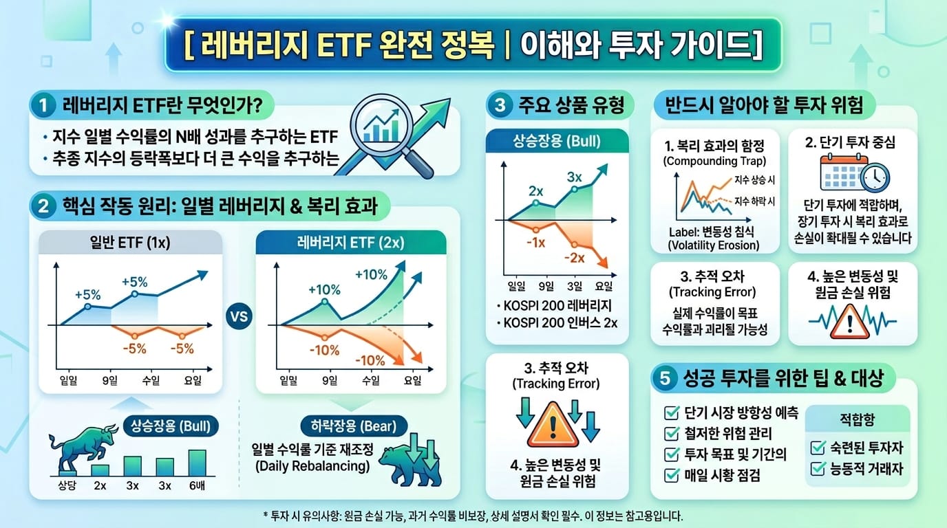 레버리지 ETF에 대한 정보와 투자 가이드를 제공하는 인포그래픽. 레버리지 ETF의 개념, 작동 원리, 주요 상품 유형, 투자 위험, 성공적인 투자 팁과 대상이 포함되어 있으며, 그래프와 도표로 시각적으로 설명하고 있음.