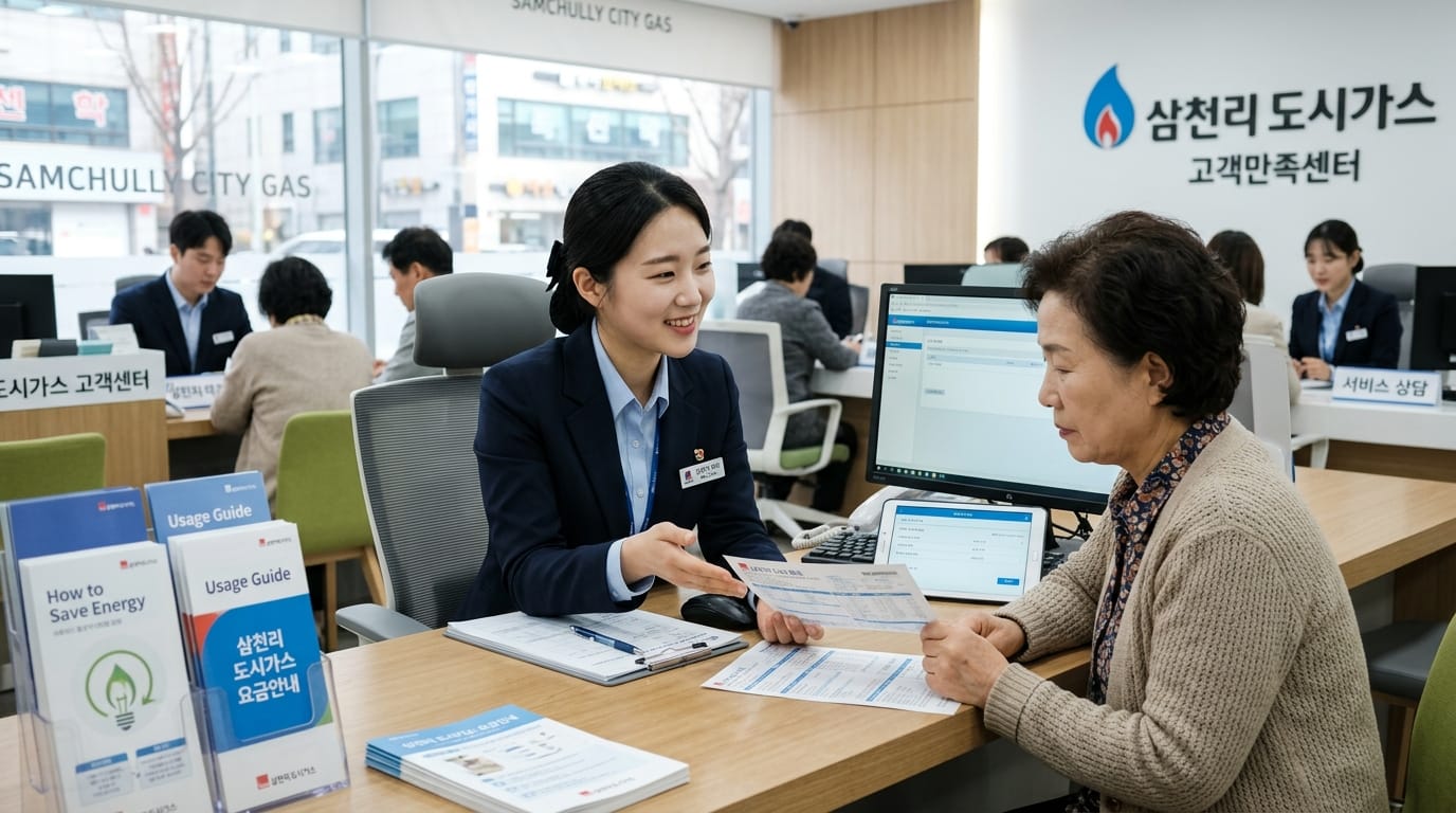 삼천리 도시가스 고객센터에서 직원이 고객에게 에너지 절약 방법과 요금 안내서를 설명하는 모습. 고객 상담이 이루어지는 현대적인 사무실 환경.