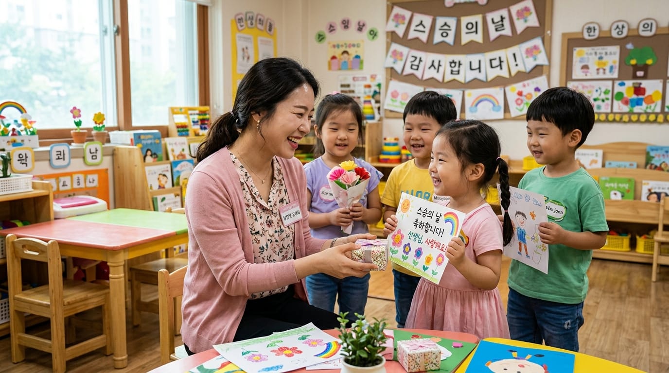 교실에서 선생님과 함께 기쁜 순간을 나누는 어린이들, 생일 축하 카드를 들고 있는 아이들과 선생님이 선물을 주고받는 모습. 배경에는 다양한 어린이 책과 장식이 있는 아늑한 학습 공간.