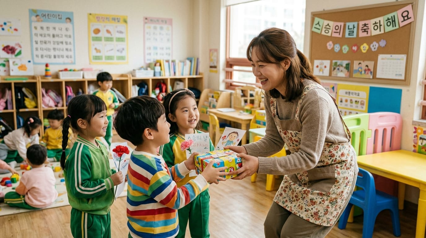 어린이집에서 아이들이 선생님에게 선물과 카드를 주며 기뻐하는 모습. 아이들은 다양한 색상의 옷을 입고 있으며, 교실에는 교육 자료와 장난감이 가득하다.