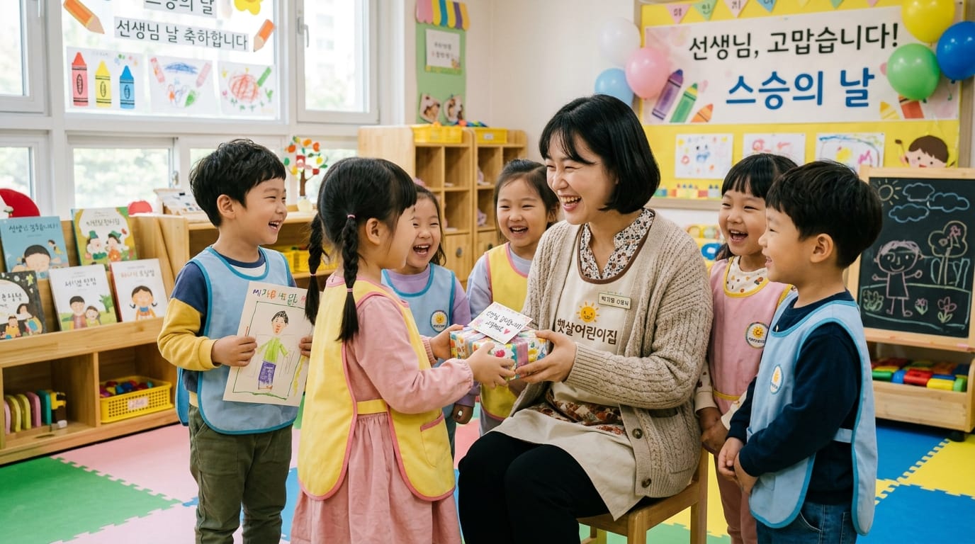 아이들이 선생님에게 선물을 주며 기뻐하는 모습이 담긴 교실 사진. 밝고 즐거운 분위기 속에서 교육용 책들이 진열된 배경.