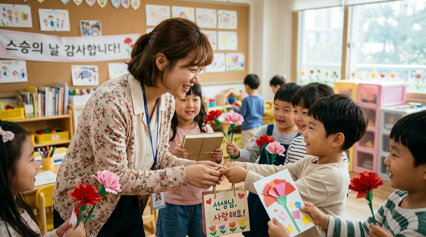 교실에서 학생들이 선생님에게 감사의 마음을 전하는 모습. 아이들이 손에 꽃과 카드 등을 들고 있으며, 선생님은 미소를 지으며 학생들과 소통하고 있다. 배경에는 다양한 교육 자료와 장식이 보인다.