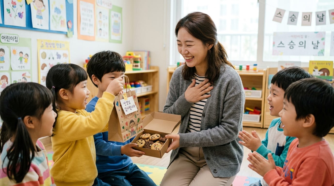 어린이들이 선생님에게 생일 축하 선물로 쿠키가 담긴 상자를 전달하며 기뻐하는 모습. 교실의 벽에는 다양한 교육 자료가 걸려있고, 아이들은 즐거운 표정으로 선생님의 반응을 기다리고 있다.