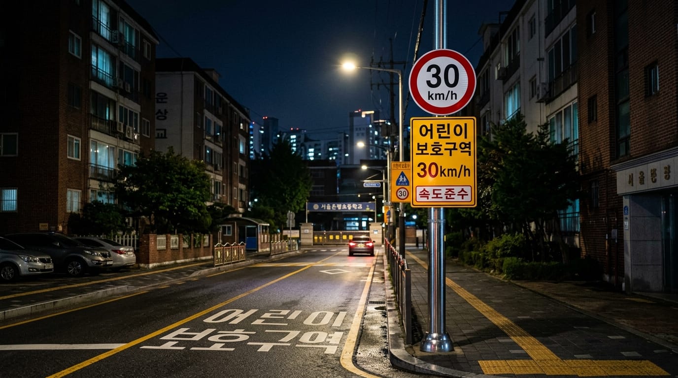 어린이 보호구역과 시속 30km/h 속도 제한 표지판이 있는 밤의 도로 풍경, 아파트 건물과 가로등이 보임.