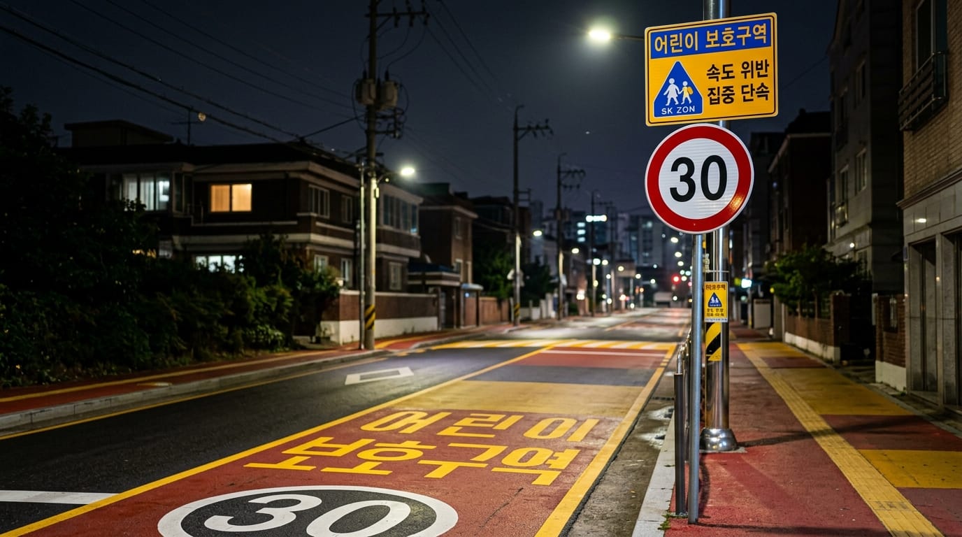 어린이 보호구역 표지판과 30km/h 제한 속도가 표시된 도로의 야경. 안전을 위한 어린이 보호구역을 알리는 노란색 도로 표시가 있는 모습.