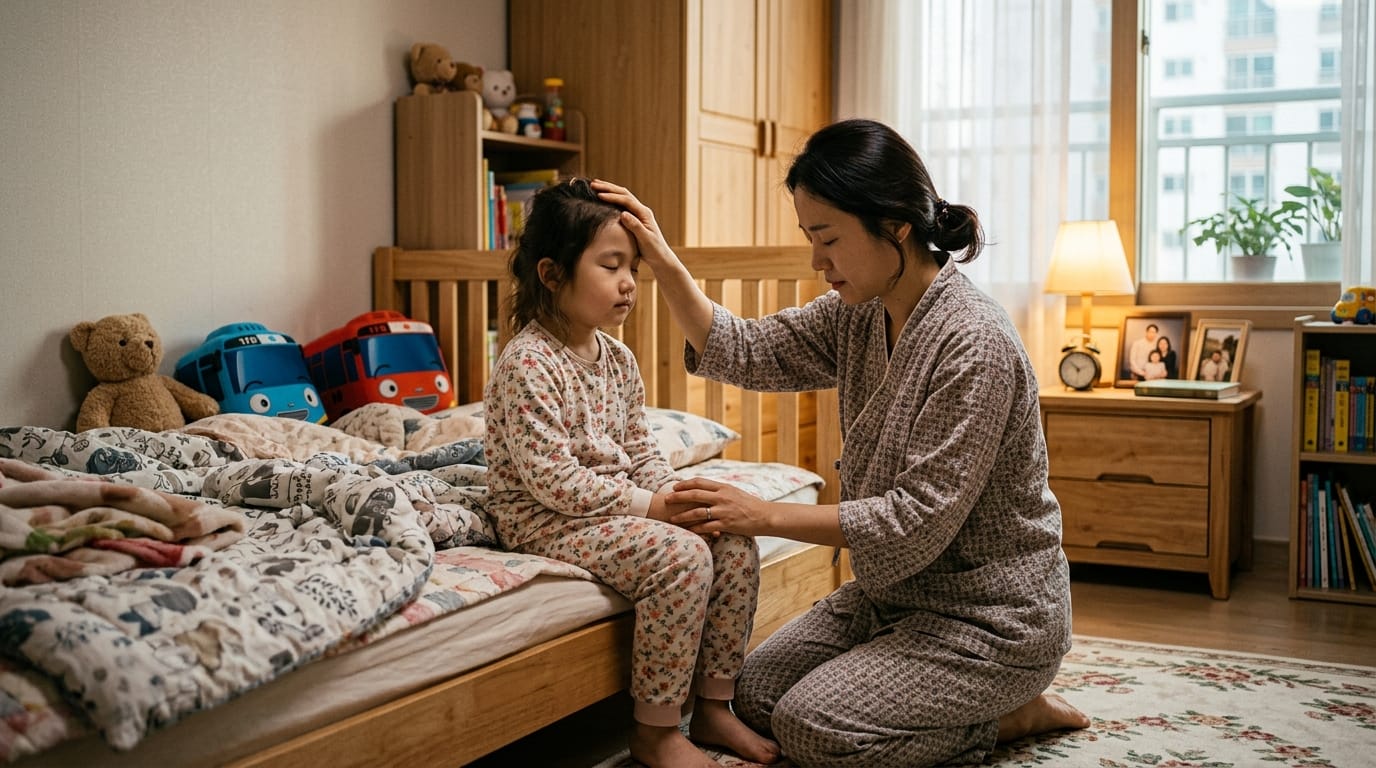 어머니가 아침에 아픈 딸의 이마를 짚고 있는 모습, 아늑한 침실에서 따뜻한 분위기를 자아내며, 아이는 파자마를 입고 침대에 앉아 있다. 배경에는 장난감과 책장이 보인다.