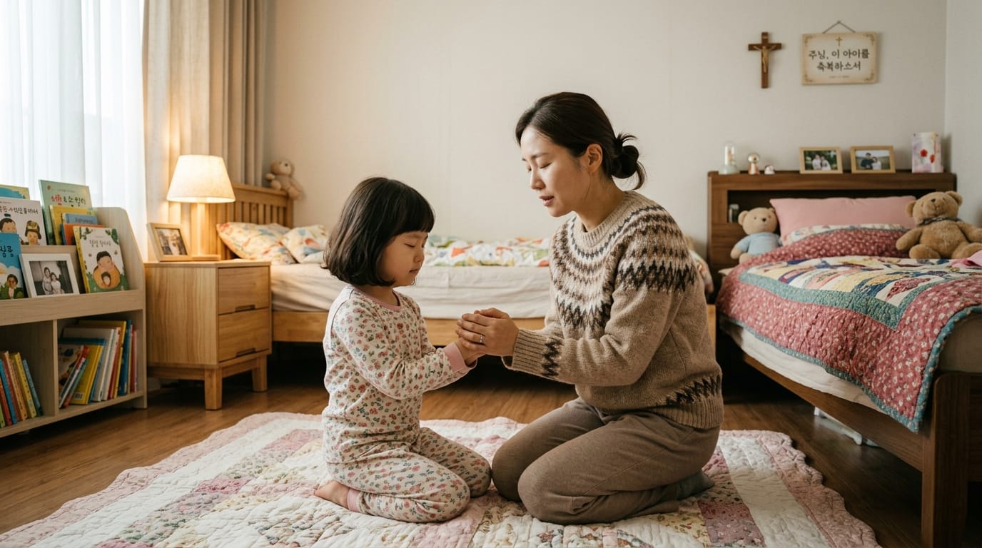 어머니와 딸이 함께 기도하는 따뜻한 순간, 아늑한 방 안에서 손을 맞잡고 있는 모습. 배경에는 책장과 침대, 부드러운 조명이 있는 가족 친화적인 공간이 보인다.