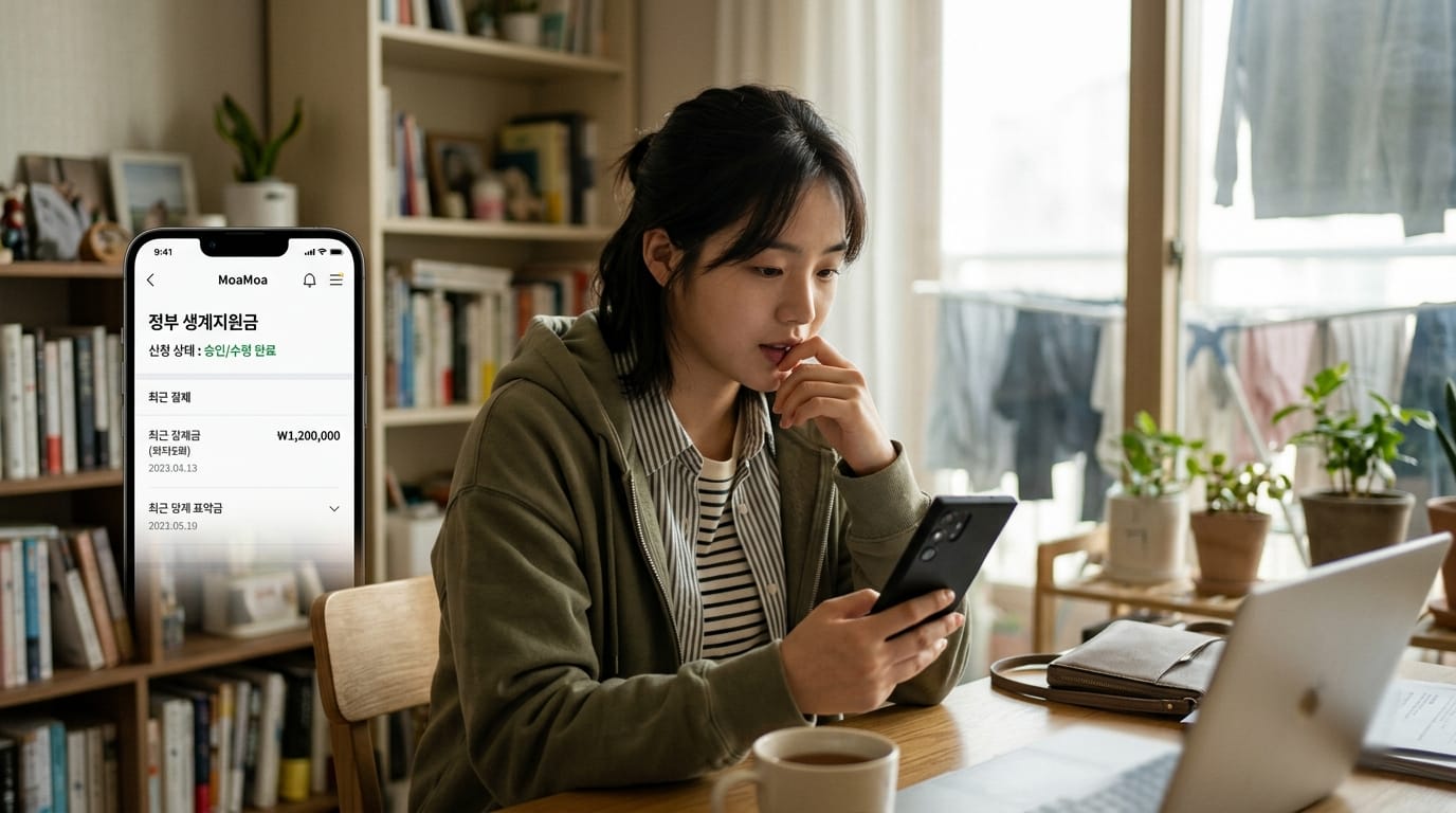 여성이 스마트폰을 사용하여 정부 생계지원금 신청 상태를 확인하는 모습. 배경에는 책장이 있고, 커피와 노트북이 놓인 테이블이 보임.