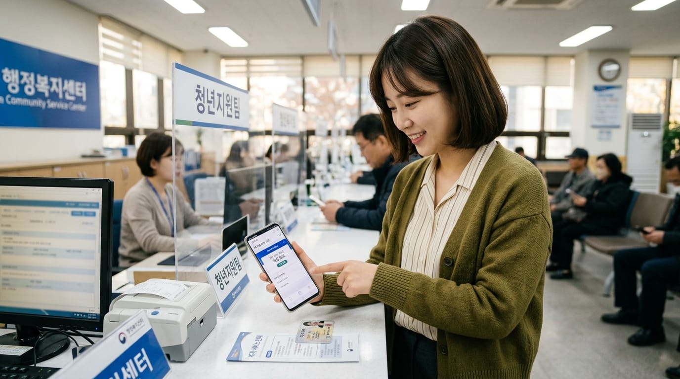 행정복지센터에서 스마트폰으로 서비스를 이용하는 여성. 청년지원팀 앞에서 앱을 통해 정보를 확인하고 있다. 배경에는 다른 민원인들이 대기 중인 모습이 보인다.
