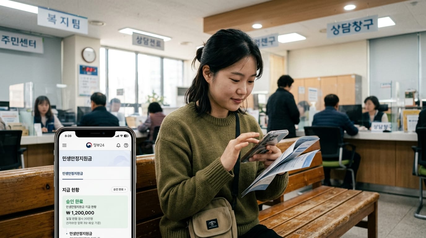 공공기관에서 민생안정지원금 신청을 위해 스마트폰을 사용하는 여성의 모습. 배경에는 대기 중인 시민들과 상담 창구가 보임. 스마트폰 화면에는 지원금 정보가 표시됨.