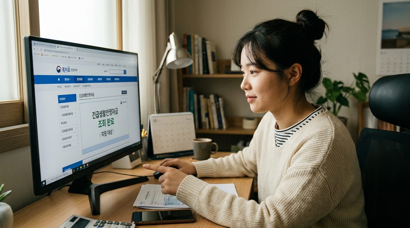 집에서 컴퓨터로 긴급생활지원금 웹사이트를 이용하는 여성. 화면에는 지원금 조회 결과가 표시되어 있으며, 책장과 식물이 있는 아늑한 작업 공간이 보인다.