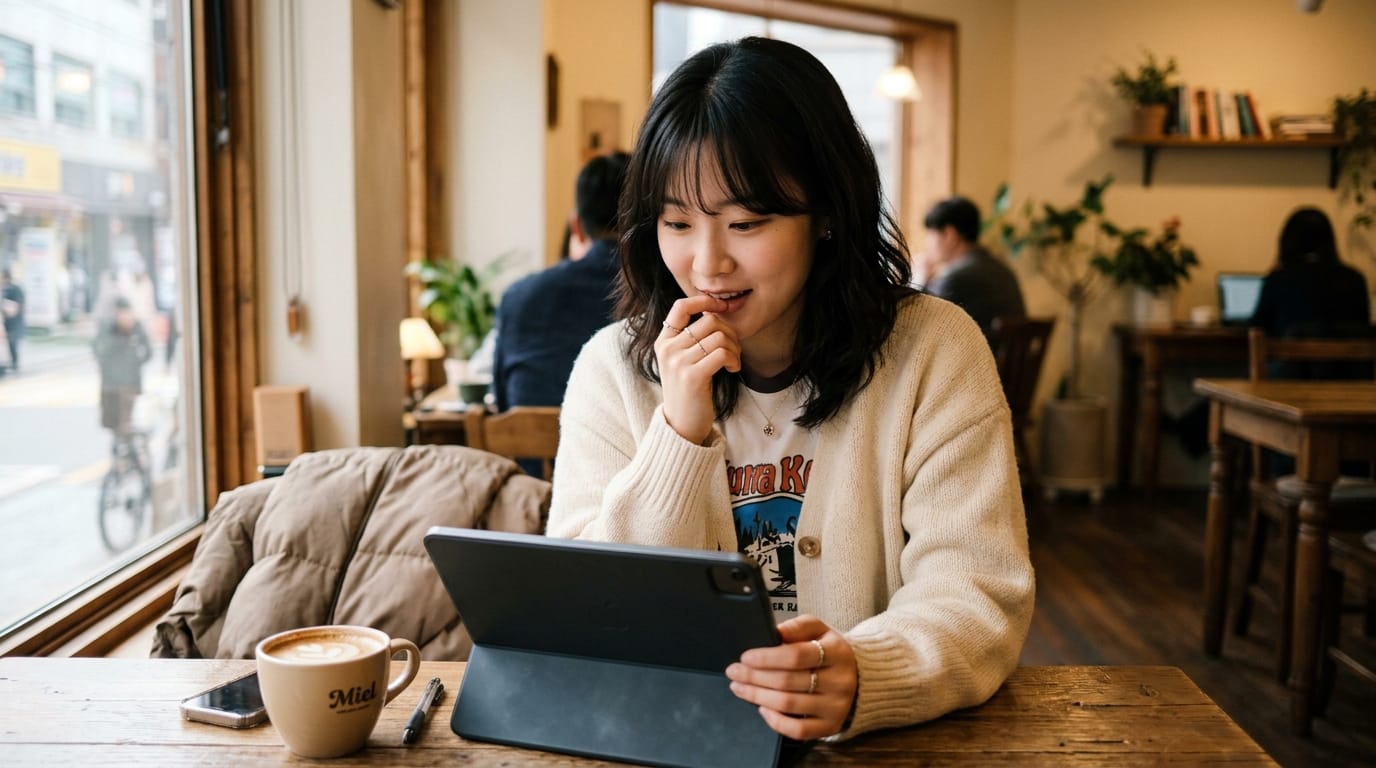 카페에서 태블릿을 사용하며 집중하는 젊은 여성, 커피 한 잔과 스마트폰이 놓인 나무 테이블 옆에 앉아 있음. 배경에는 다른 손님들이 있는 아늑한 공간.