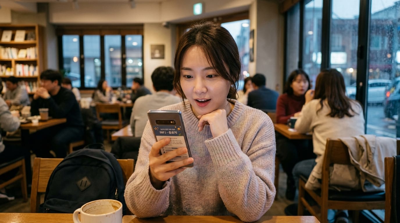 카페에서 스마트폰을 들고 놀라운 표정을 짓고 있는 젊은 여성. 배경에는 여러 사람들이 앉아 있는 모습이 보이며, 아늑한 분위기의 카페 내부가 담겨 있음.