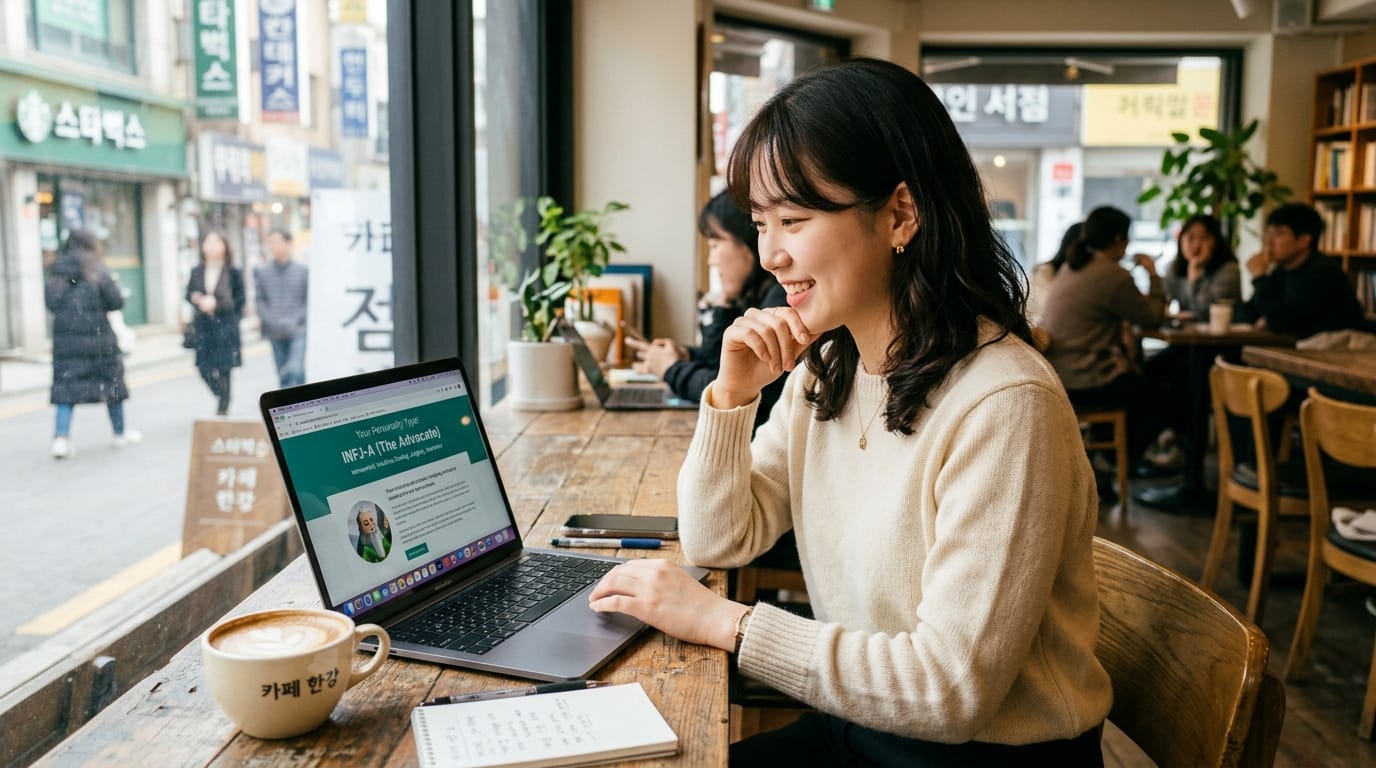 카페에서 노트북으로 작업 중인 여성, 화면에는 성격 유형 검사 결과가 표시되어 있으며, 주변에는 다른 손님들이 있는 모습. 테이블 위에는 커피와 메모장이 놓여 있다.