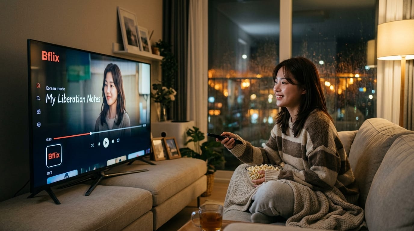 Bflix에서 한국 영화 '내 해방일지'를 시청하며 팝콘을 먹고 있는 여성의 모습. 아늑한 거실에서 밤에 편안하게 영화 감상 중.