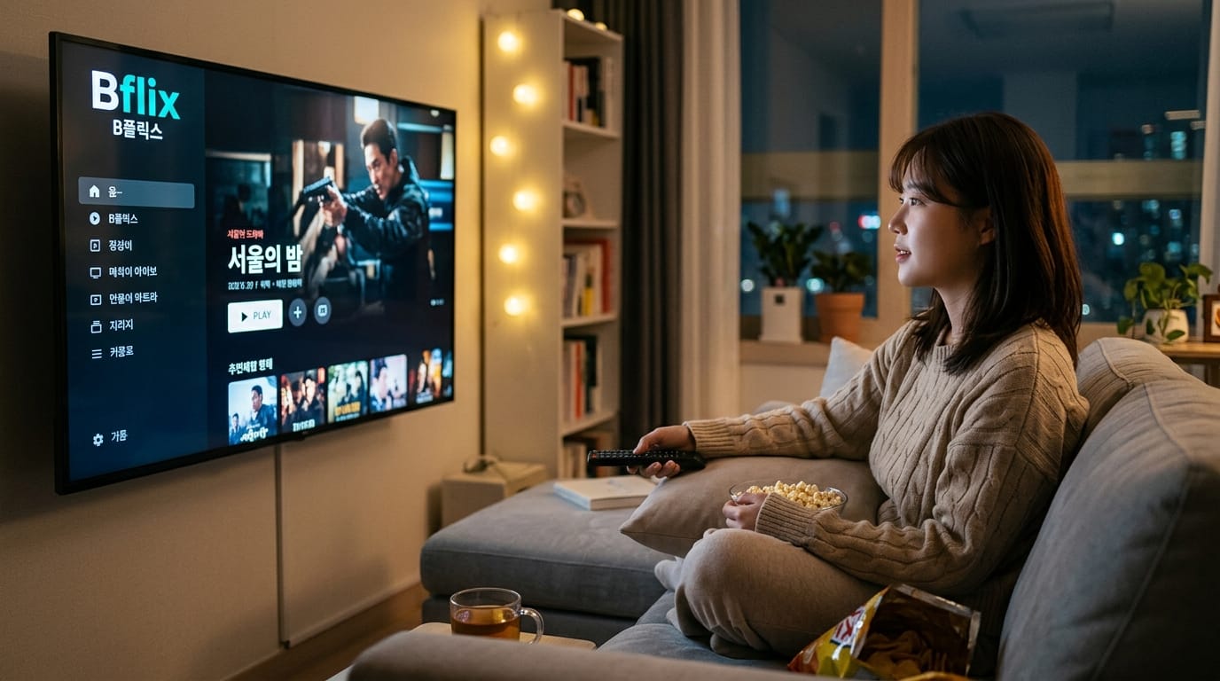 편안한 소파에 앉아 Bflix에서 영화를 감상하는 여성, 팝콘과 음료를 곁들여 즐기는 모습. TV 화면에는 '서울의 밤' 영화가 표시되어 있음.