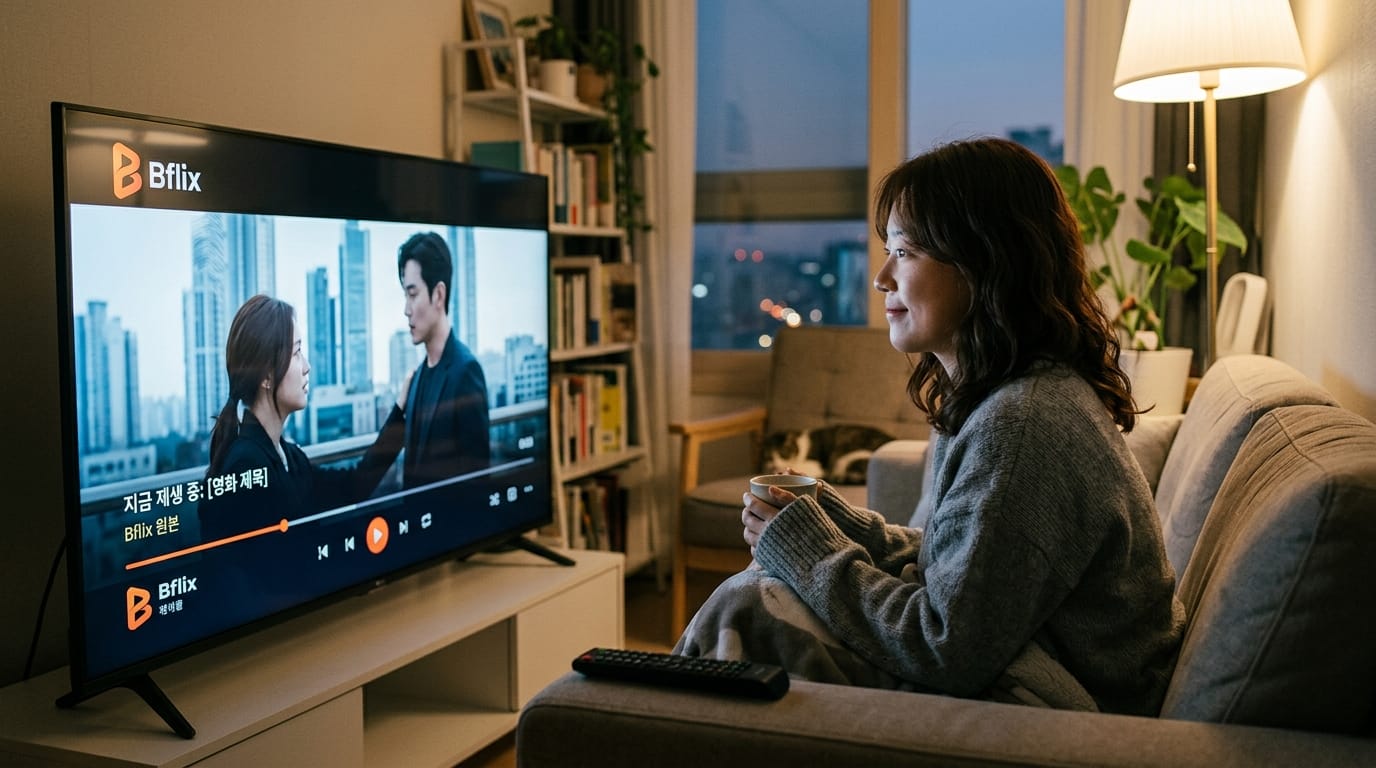 Bflix에서 영화를 감상하는 여성이 소파에 앉아 따뜻한 음료를 들고 있는 모습, 배경에는 도시 야경이 보임.