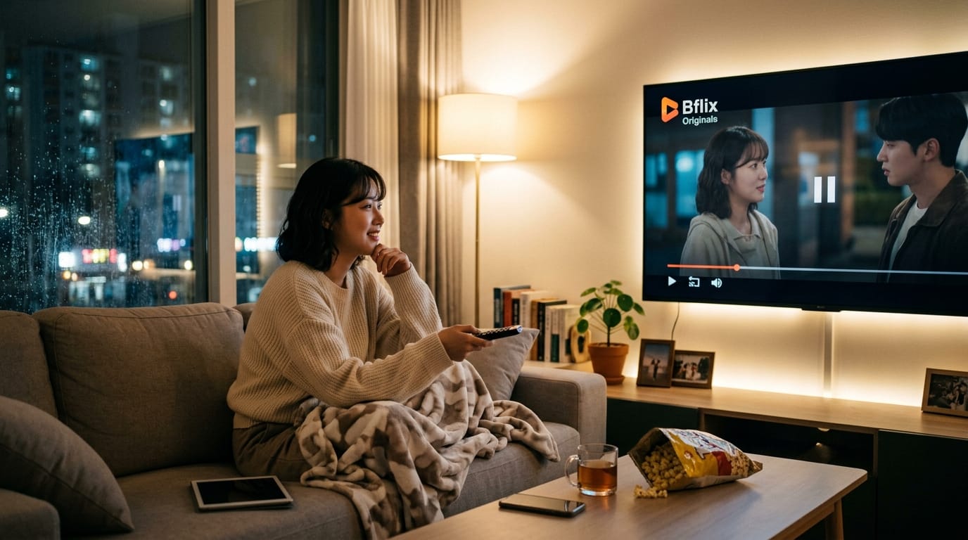 소파에 앉아 TV를 시청하는 여성, 따뜻한 담요를 덮고 손에는 리모컨을 들고 있으며, 화면에는 드라마 장면이 재생되고 있는 모습. 방 안에는 조명이 켜져 있고, 커피와 팝콘이 놓여 있다.