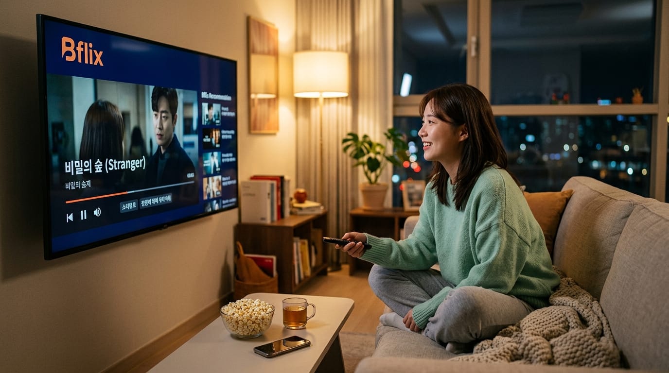 집에서 편안하게 소파에 앉아 Bflix에서 '비밀의 숲'을 시청하는 여성, 팝콘과 차를 곁들여 즐거운 시간을 보내고 있는 모습.