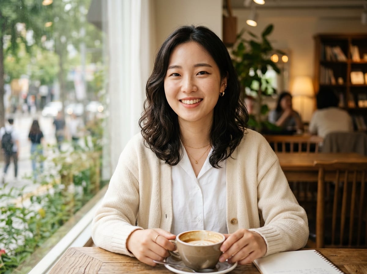 카페에서 커피를 들고 미소 짓고 있는 여성의 모습. 자연광이 들어오는 창가에 앉아 있으며, 배경에는 다른 손님들이 있는 아늑한 분위기의 공간이 보인다.