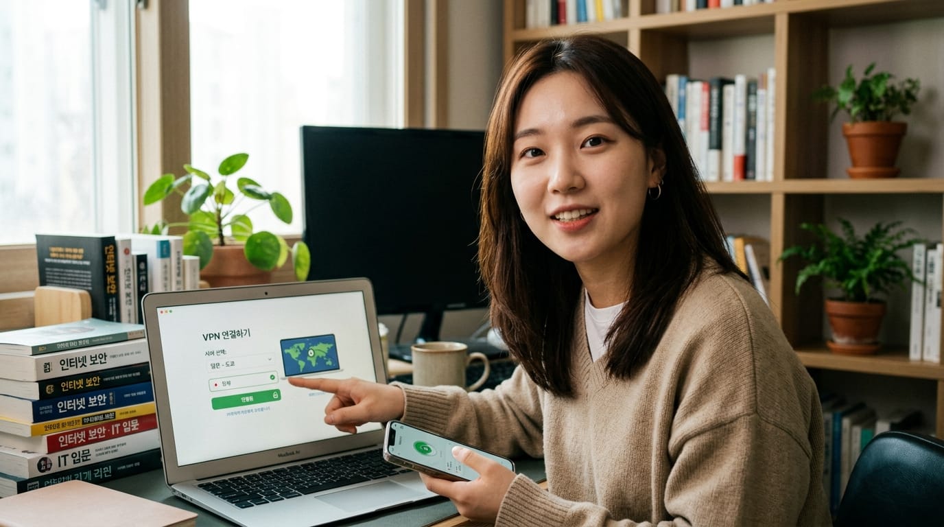 VPN 설정을 설명하는 여성, 노트북 화면에 VPN 연결 화면이 표시됨, 서재 배경.