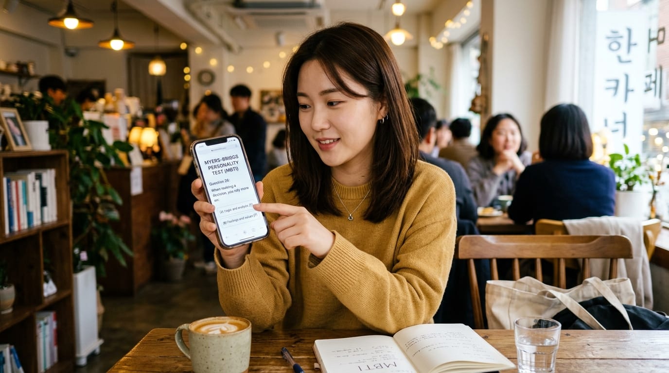 카페에서 MBTI 성격 검사를 하는 여성, 스마트폰 화면에 질문이 표시되어 있음. 테이블 위에는 커피와 노트가 놓여 있으며, 배경에는 다른 손님들이 있는 모습이 보임.