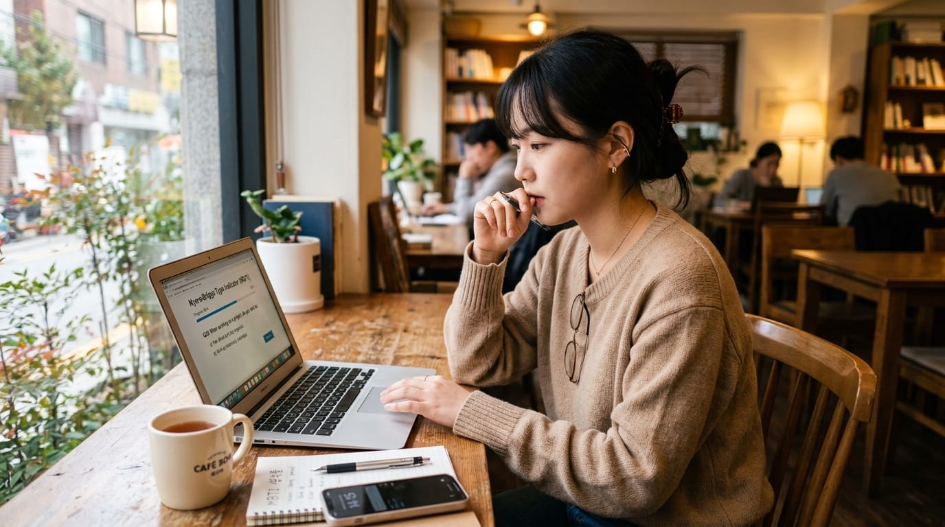 카페에서 노트북으로 작업 중인 여성. 그녀는 집중하여 화면을 바라보며 손가락을 입에 대고 생각에 잠겨 있다. 테이블 위에는 커피 잔과 노트북, 스마트폰, 메모장이 놓여 있다. 배경에는 다른 손님들이 있는 아늑한 카페 풍경이 보인다.