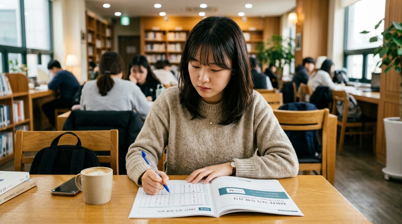 도서관에서 공부하는 학생, 책상 위에 놓인 커피와 스마트폰, 공부 자료에 집중하며 필기하는 모습. 배경에는 다른 학생들이 공부하는 모습이 보임.