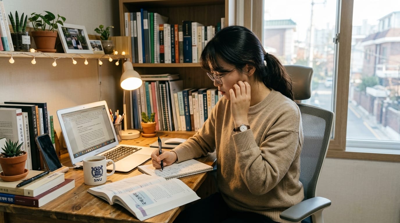 학생이 책상에서 공부하며 노트에 필기를 하고 있는 모습, 주변에 책과 식물들이 있는 아늑한 학습 환경.
