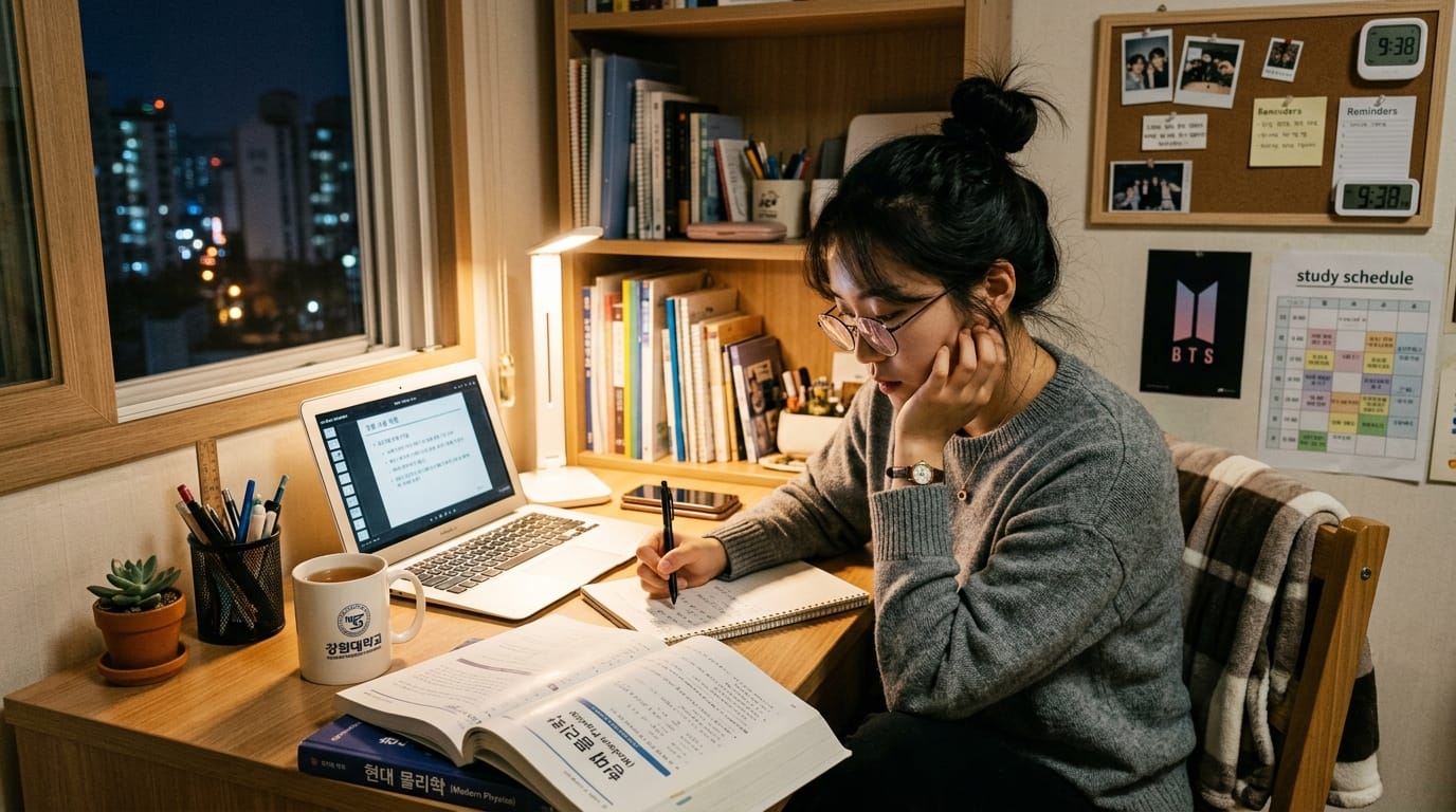 학생이 밤에 공부하는 모습, 노트북과 책이 있는 책상에서 집중하고 있으며, 주변에는 식물과 컵이 있다. 배경에는 도시의 불빛이 보인다.