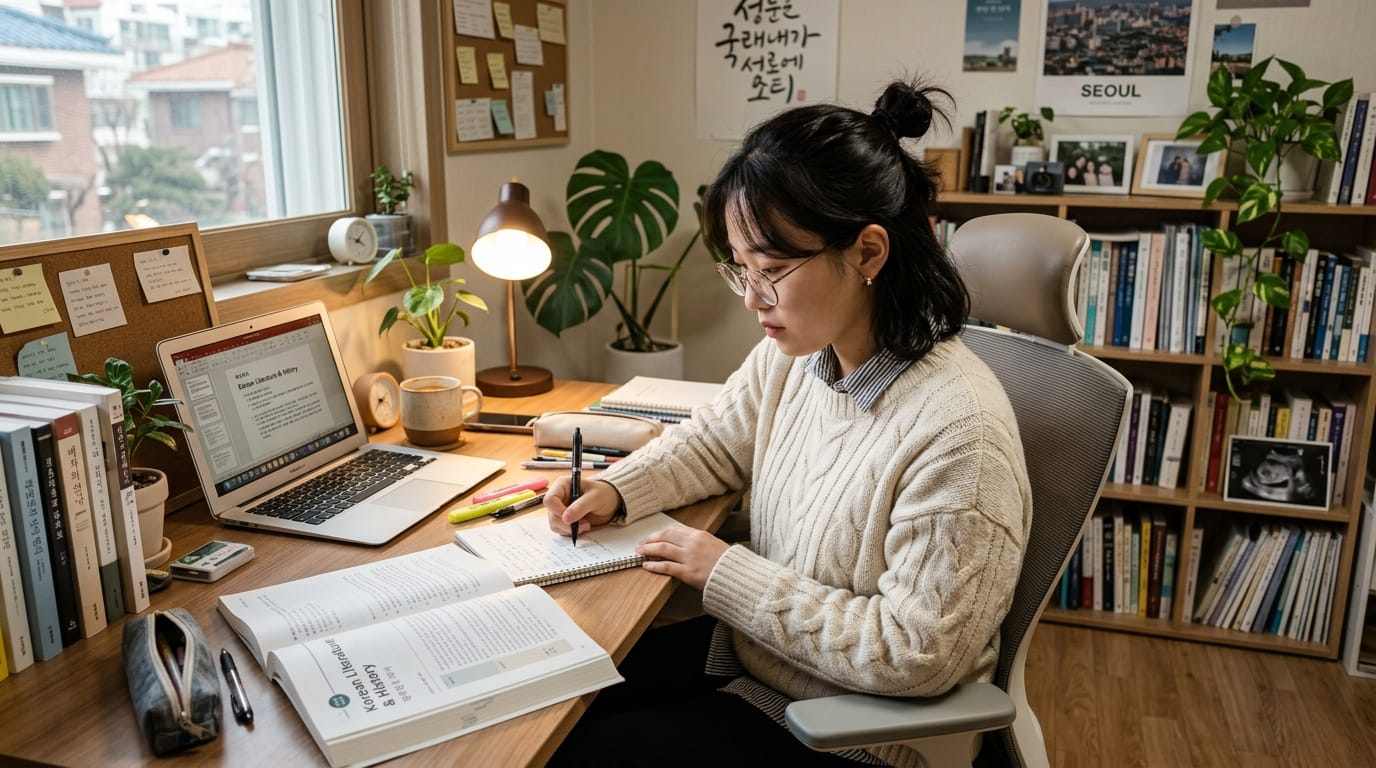 편안한 환경에서 공부하는 여성, 책상 위에 노트북과 여러 책들이 놓여 있으며, 창문으로 자연광이 들어오고 있다. 배경에는 식물과 메모가 있는 보드가 있어 집중하는 모습이 잘 드러나 있다.