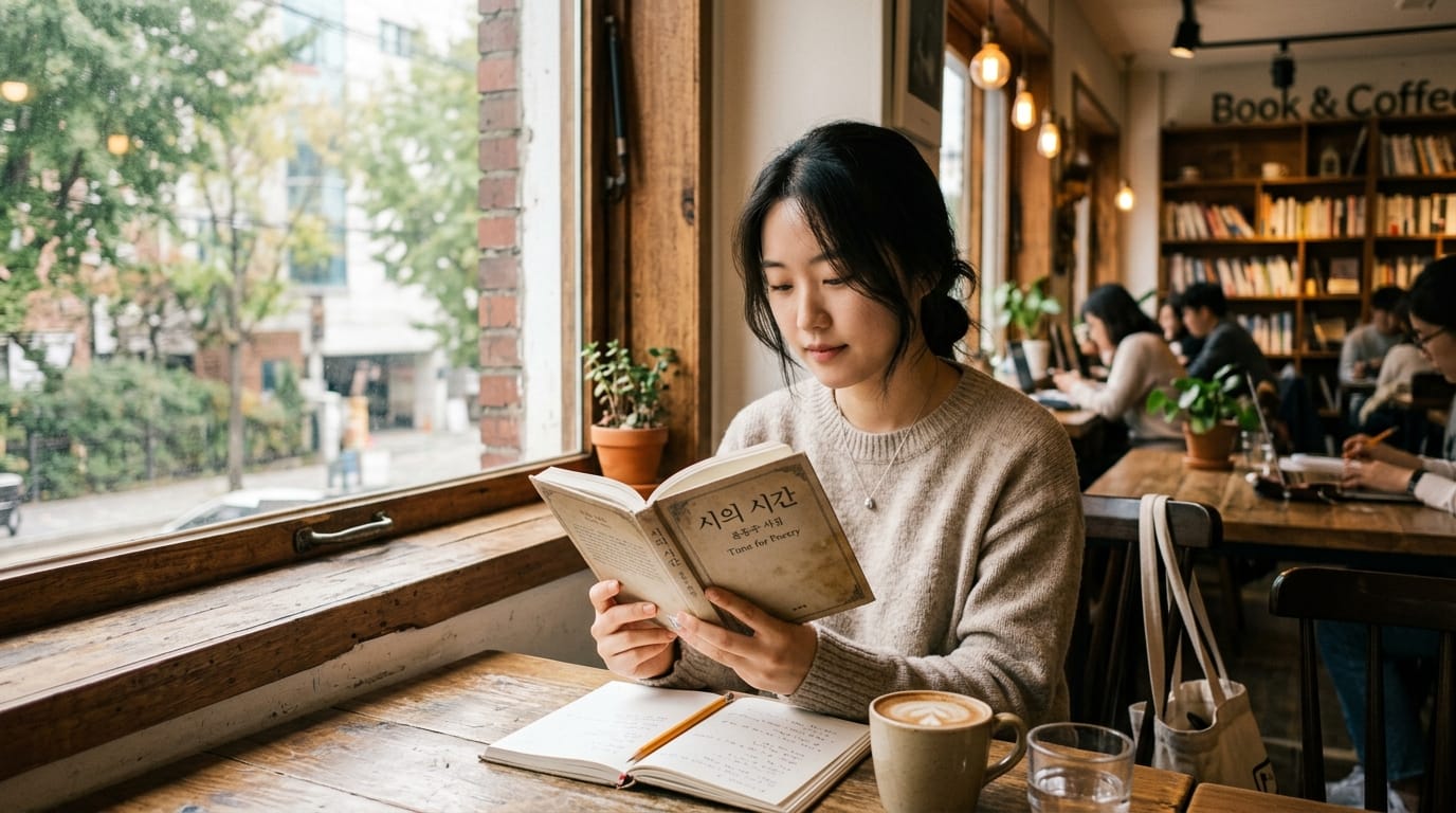 카페에서 책을 읽고 있는 젊은 여성, 창문 밖의 나무와 도시 풍경이 보이는 아늑한 분위기. 책 제목은 '시의 시간'이며, 테이블 위에는 노트와 커피가 놓여 있음.