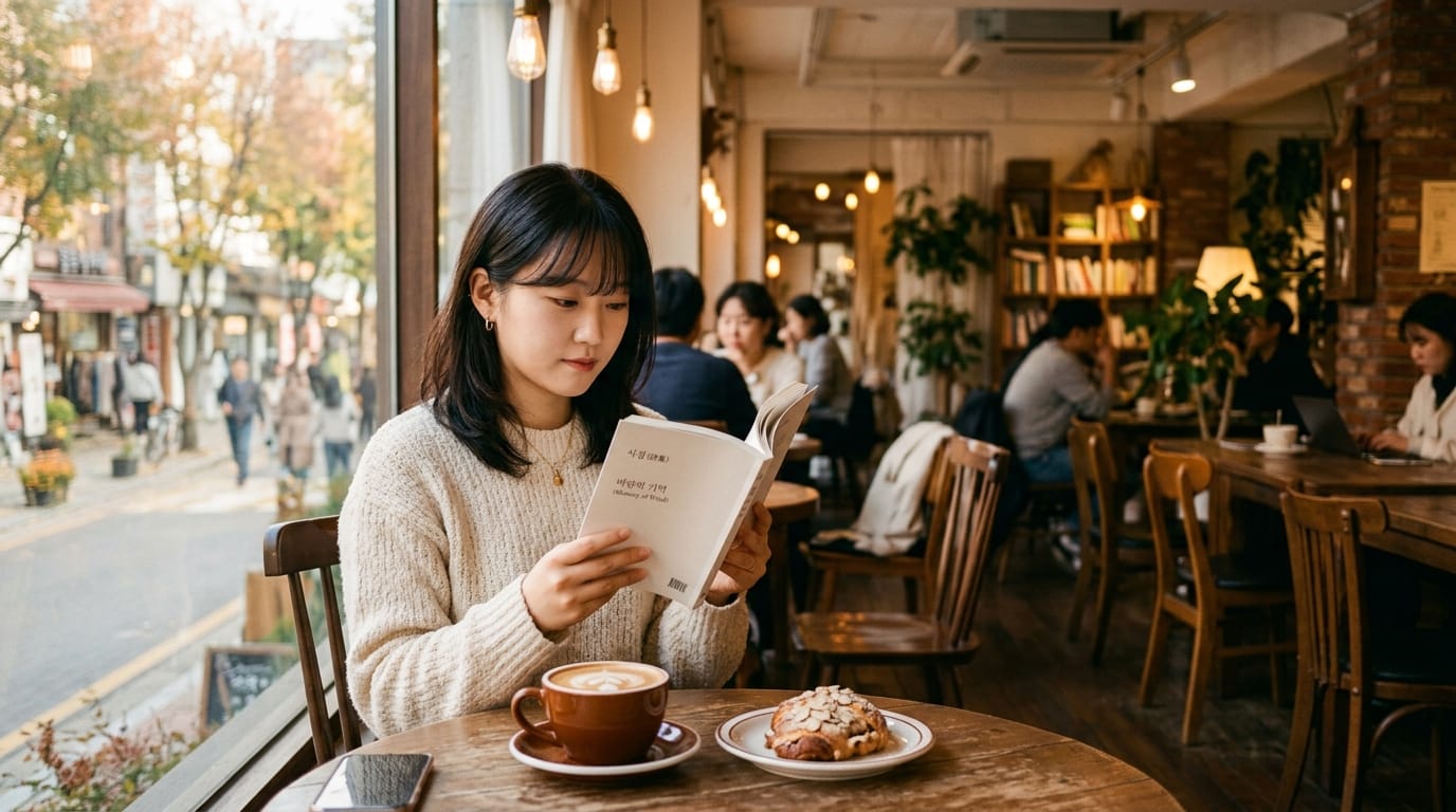 카페에서 책을 읽고 있는 여성, 커피와 페이스트리와 함께 아늑한 분위기 속에서 독서하는 모습. 배경에는 다른 손님들이 있는 활기찬 카페 풍경이 보임.