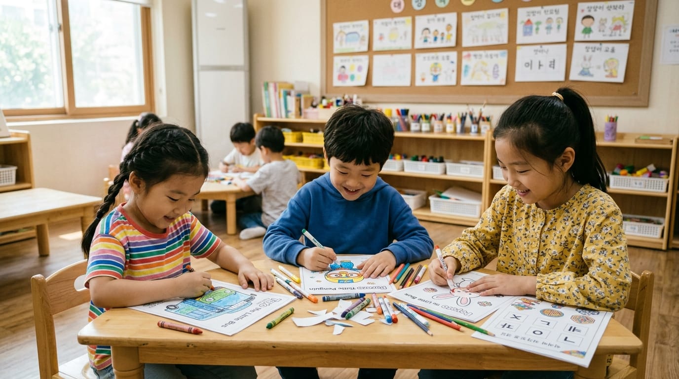 어린이들이 유치원 교실에서 색칠 공부를 하며 즐거운 시간을 보내고 있는 모습. 다양한 색상의 크레용과 색연필이 사용되고 있으며, 배경에는 아이들이 만든 그림들이 걸려 있다.