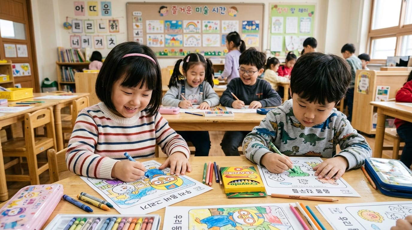 어린이들이 교실에서 색칠공부를 하며 즐거운 시간을 보내고 있는 모습, 다양한 색연필과 색칠 책이 있는 나무 테이블.