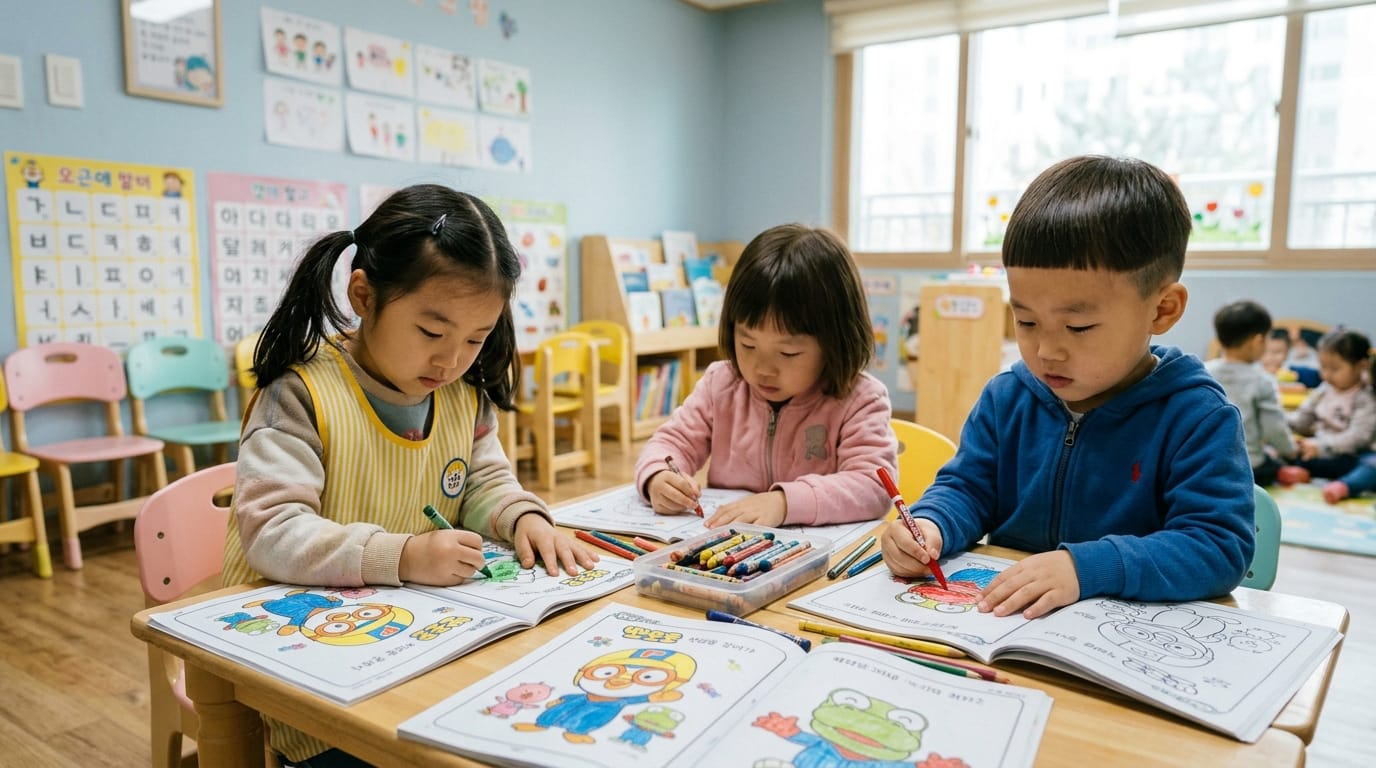 어린이들이 유치원 교실에서 색칠 공부를 하고 있는 모습. 세 명의 아이들이 각기 다른 색상의 색연필로 만화 캐릭터가 그려진 책에 집중하고 있다. 배경에는 다양한 교육 자료와 의자들이 보인다.