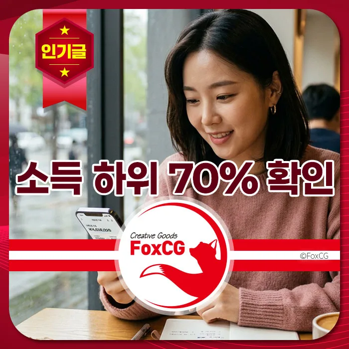 여성이 카페에서 스마트폰을 사용하며 소득 하위 70% 확인 정보를 확인하고 있는 모습. FoxCG의 창의적인 상품을 홍보하는 이미지.