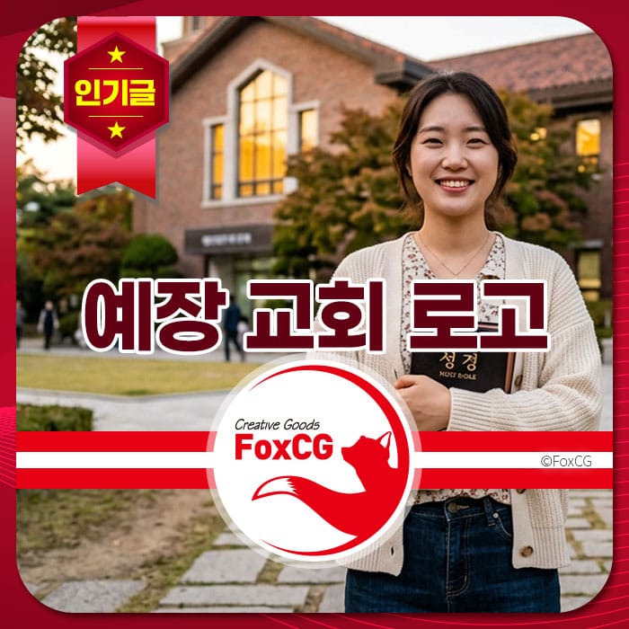 예장교회 로고와 함께 미소 짓고 있는 여성, 배경에는 교회 건물과 잔디밭이 보임. FoxCG 브랜드 아이콘 포함.