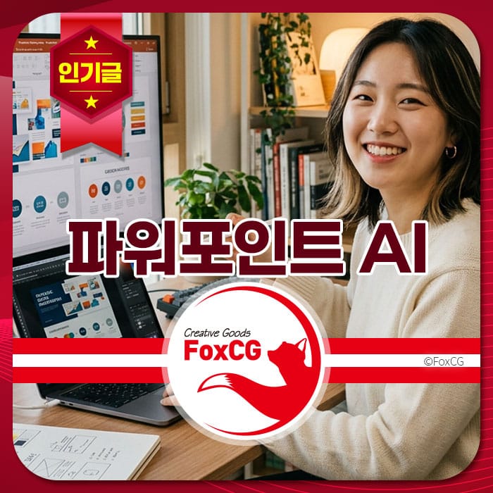 파워포인트 AI를 활용하여 프레젠테이션을 만드는 여성의 모습과 컴퓨터 화면에 있는 그래픽 디자인 요소들. FoxCG 브랜드 로고와 함께 창의적인 상품을 소개하는 이미지.