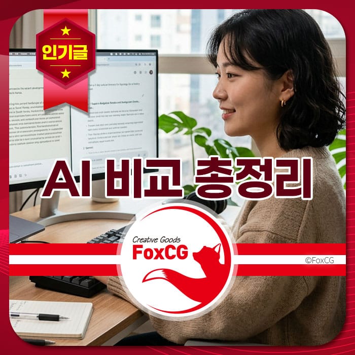 AI 비교 총정리를 위한 작업 중인 여성과 두 대의 모니터가 있는 사무실 환경. 모니터에는 AI 관련 정보가 표시되어 있으며, 편안한 분위기의 공간에서 집중하고 있는 모습.