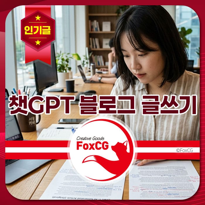 챗GPT 블로그 글쓰기를 하는 여성, 사무실 환경에서 집중하고 있는 모습. 책상 위에는 노트북과 문서가 놓여 있으며, 주변에 다른 사람들이 있는 모습.