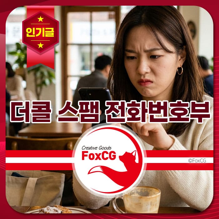 스마트폰을 들고 불만스러운 표정을 짓고 있는 여성, 카페에서 디지털 스팸 전화번호 문제를 고민하는 모습.