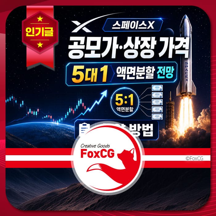 스페이스X의 공모가 및 상장 가격에 대한 정보가 담긴 이미지로, 5대 1 액면분할 전망과 관련된 그래프와 설명이 포함되어 있습니다.